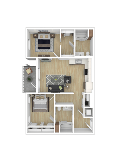 Floor plan for 2 beds, 2 baths, 1032 sqft